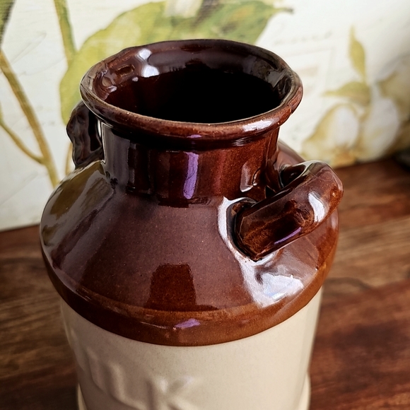 Unique Vintage Ceramic Milk Jug Crock w/ Handles 7" x 5" Glazed Ceramic Can - Picture 2 of 13